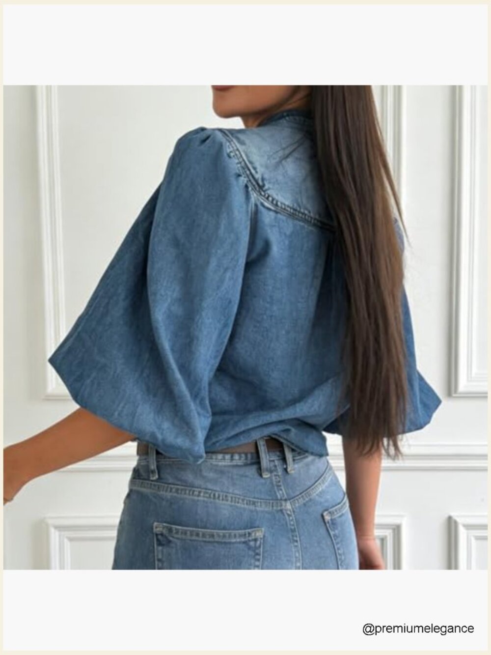 Vintage V Neck Denim Shirt 3/4 Lantern Sleeve Button Down Blouse - Picture 3 of 6